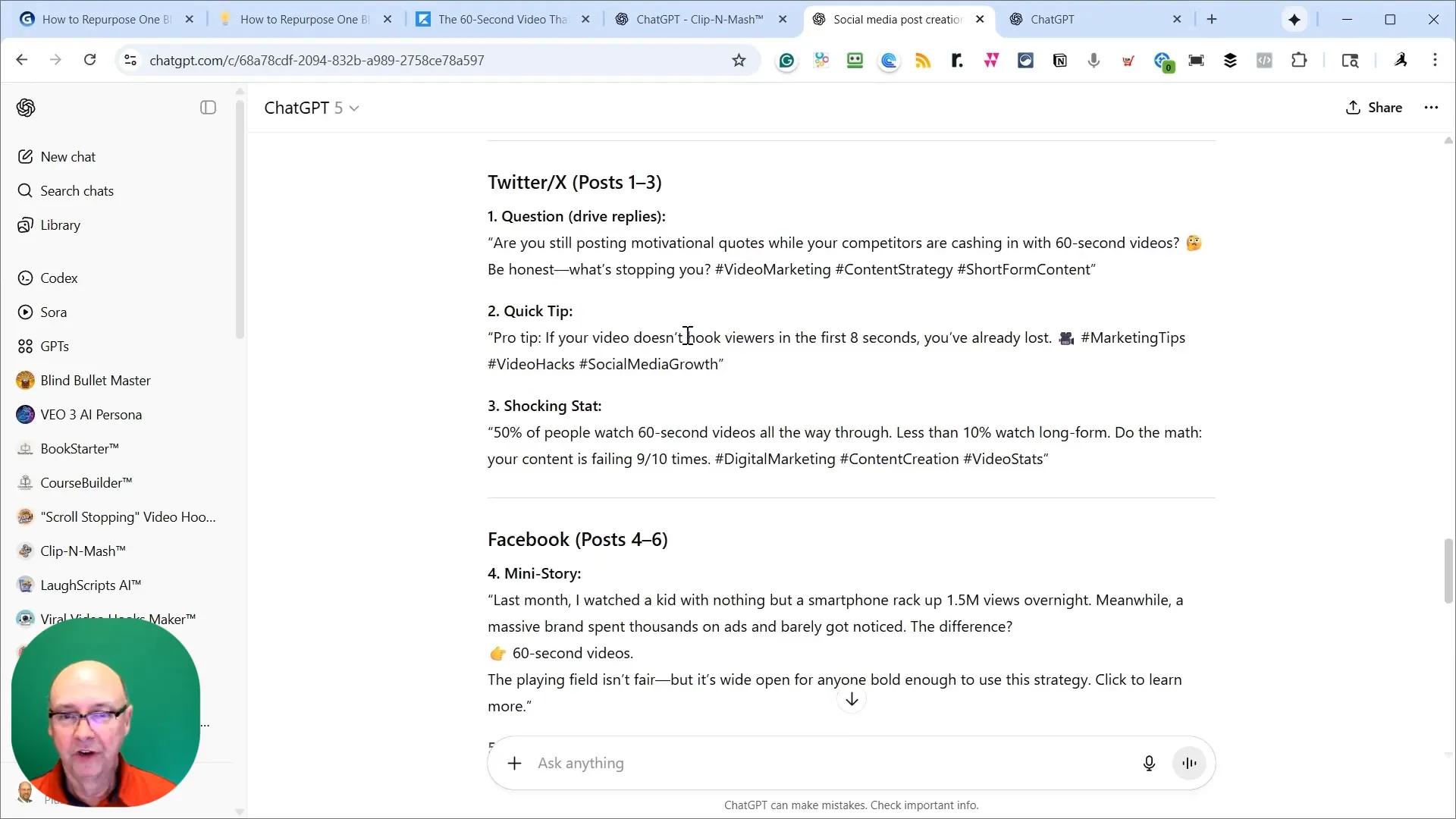 Generated sample social posts of different styles shown in the chat window
