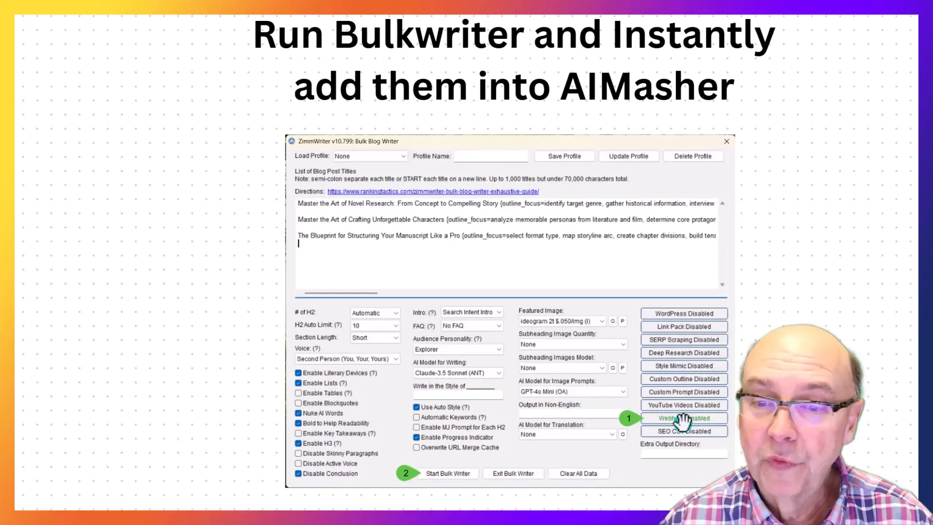Setting up bulk writer in Zimmwriter