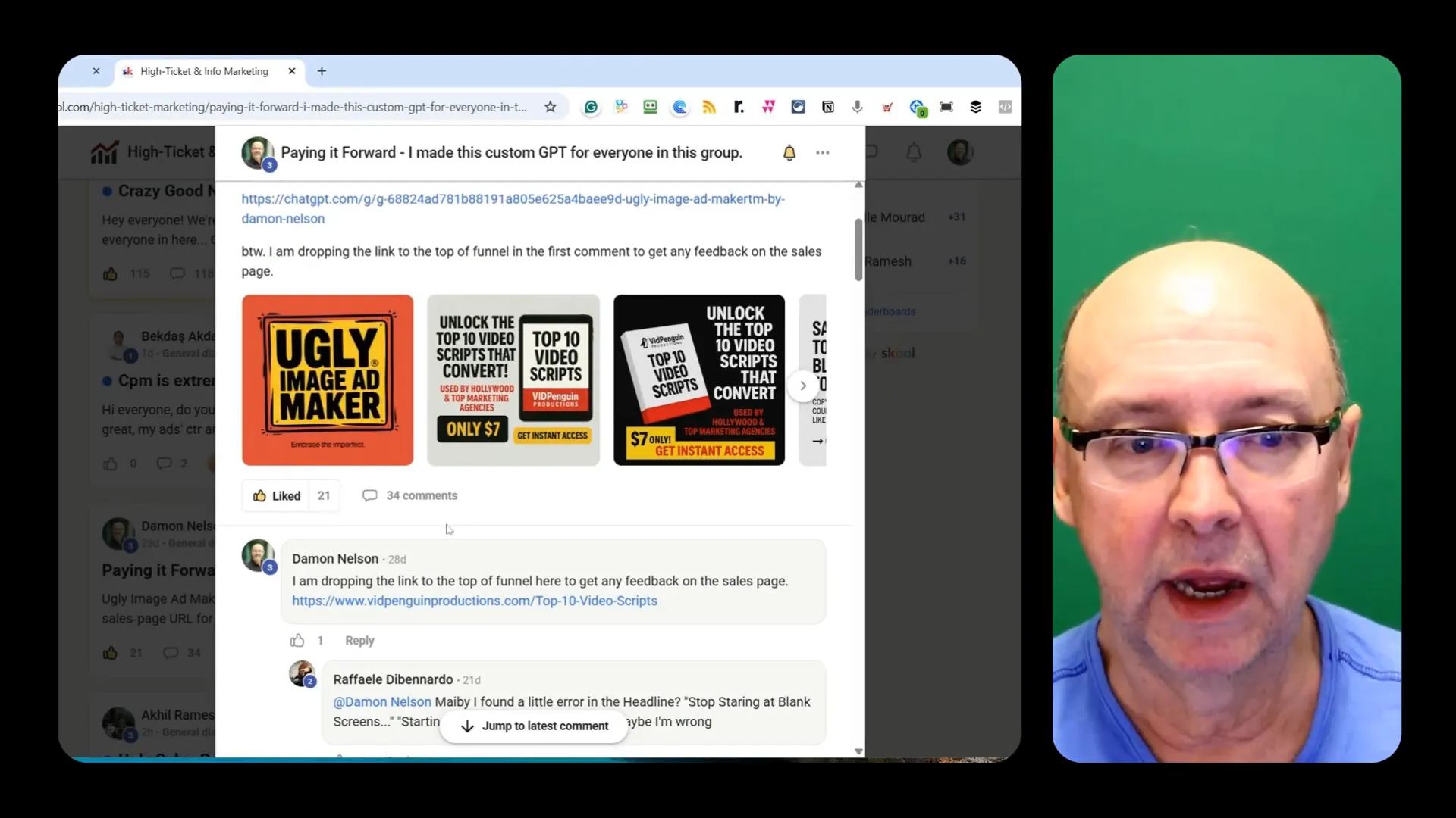 Post example showing like and comment counts (21 likes, 34 comments)