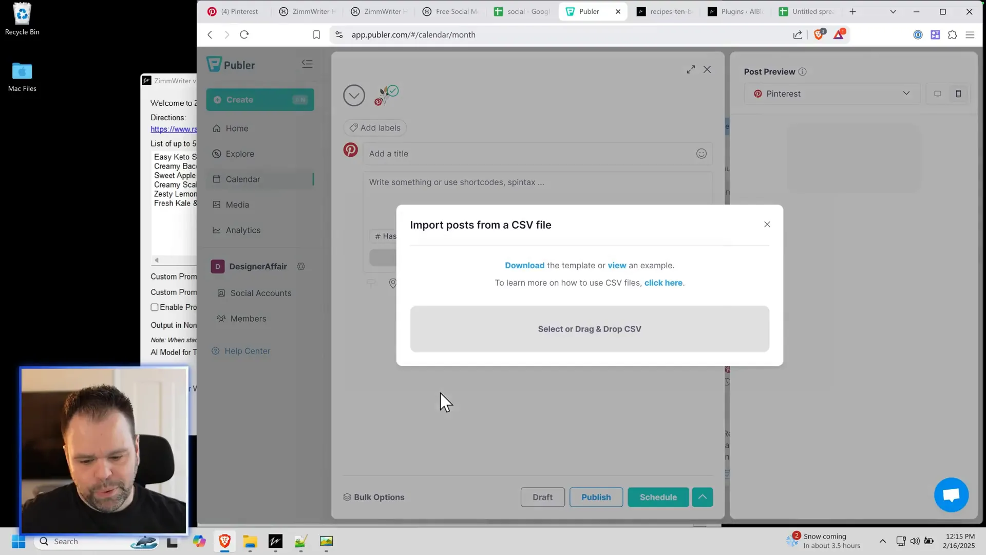 Publer interface for importing CSV