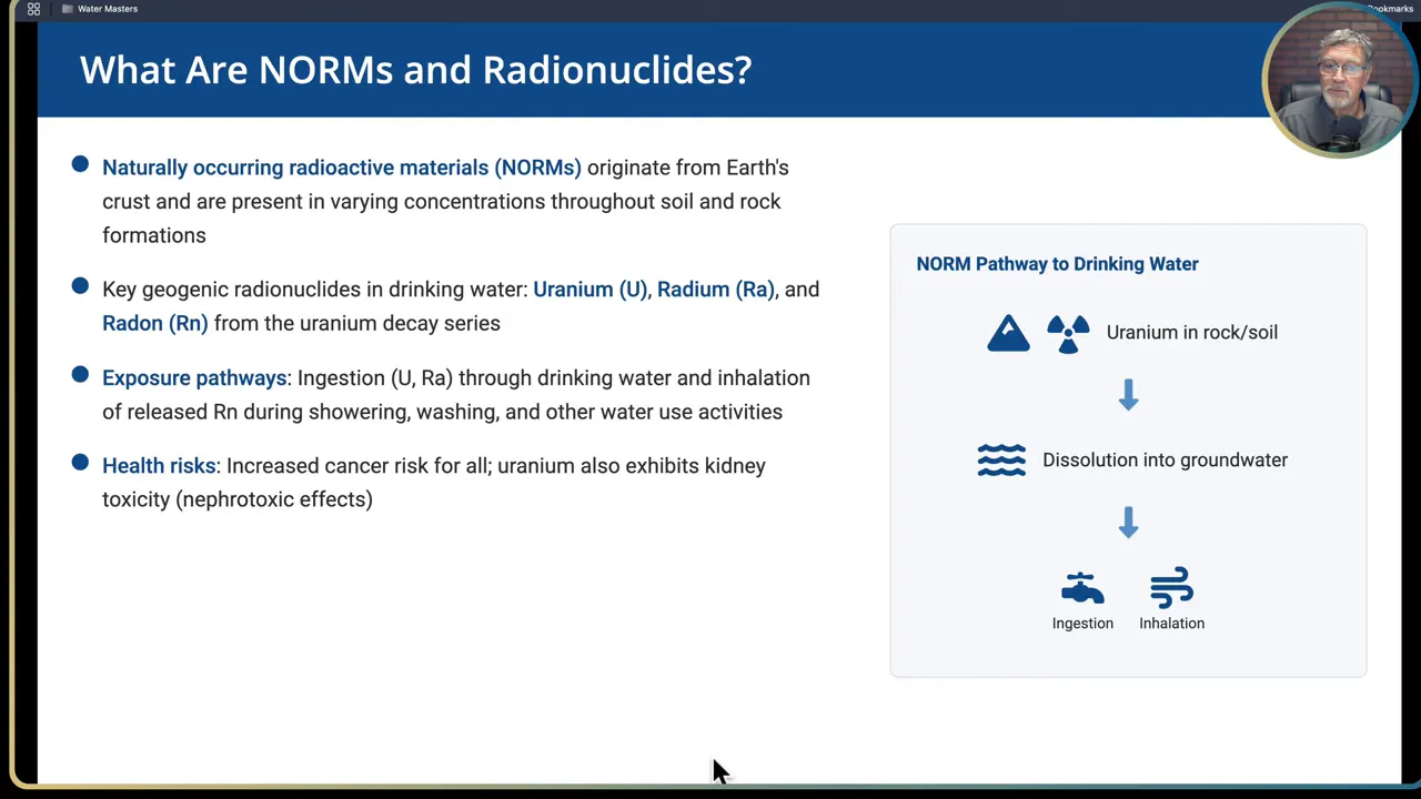 Slide showing key geogenic radionuclides: uranium, radium, radon