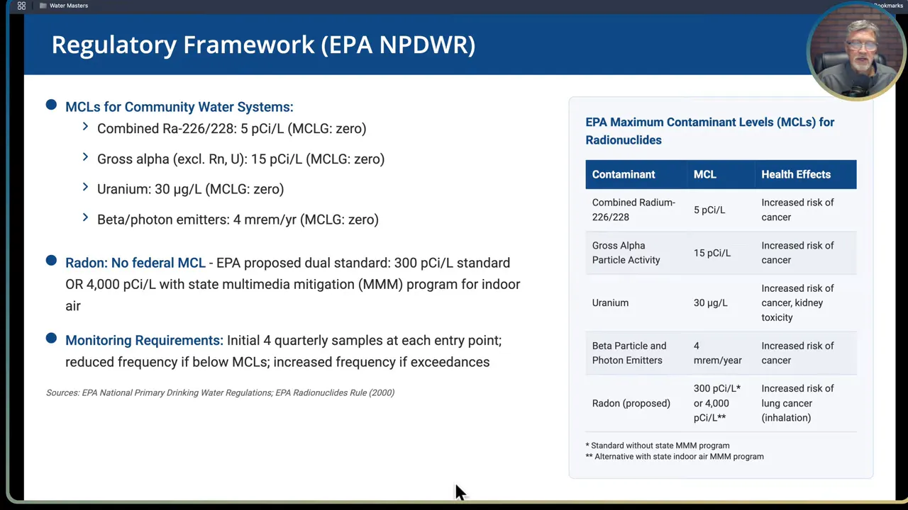 Slide listing MCL values and units for radium, uranium and gross alpha