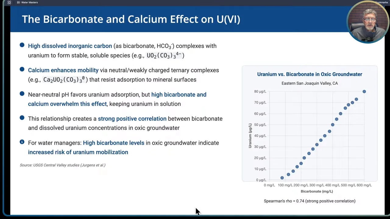 Slide showing bicarbonate and calcium enhancing uranium mobility