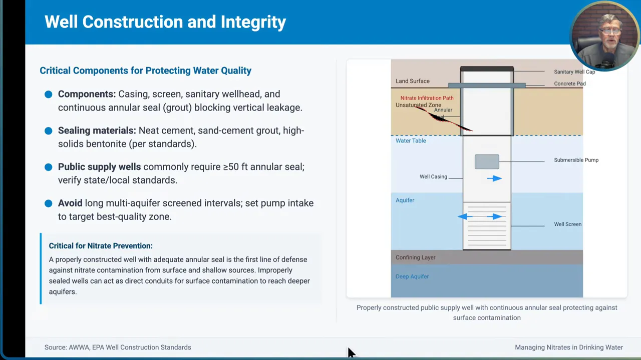 Slide showing recommended construction practice: annular seals grounded in clay or impermeable zones