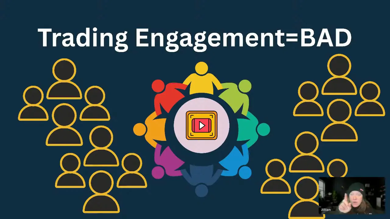 Slide reading 'Trading Engagement=BAD' with stylized user-group icons around a central ring and a small presenter inset at the bottom-right.