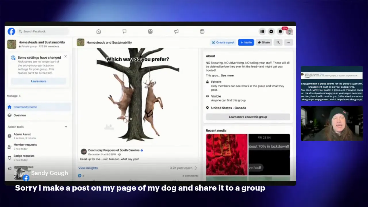 Facebook group about panel showing 'Private' and 'Visible' settings with a post and presenter inset