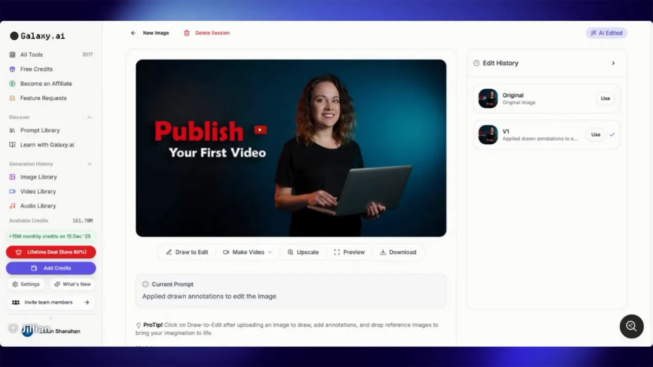 Clear Galaxy AI screenshot showing thumbnail preview 'Publish Your First Video', download button and edit options