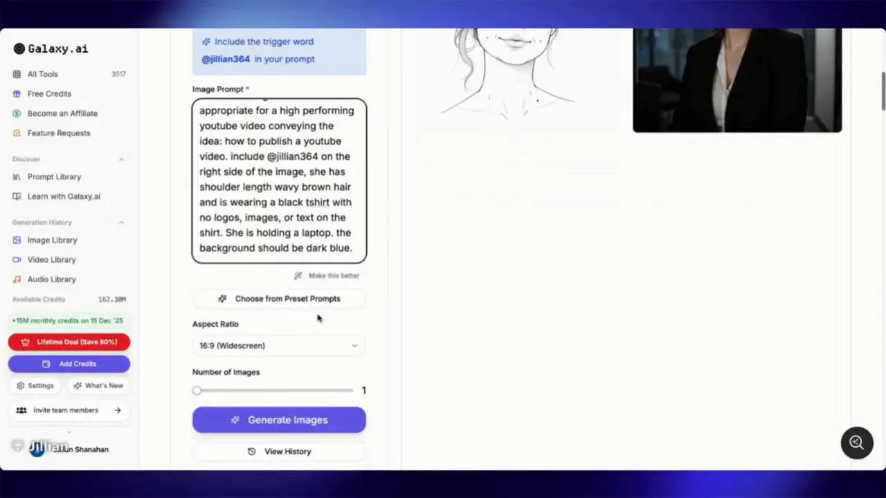 Galaxy.ai generator screen showing example prompt, aspect ratio dropdown and the Generate Images button