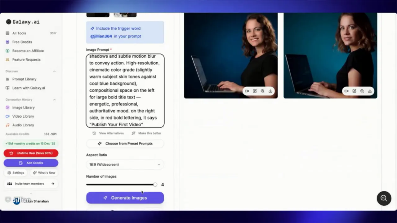 Galaxy AI interface showing prompt on the left and two generated thumbnail variations of a person with a laptop on the right