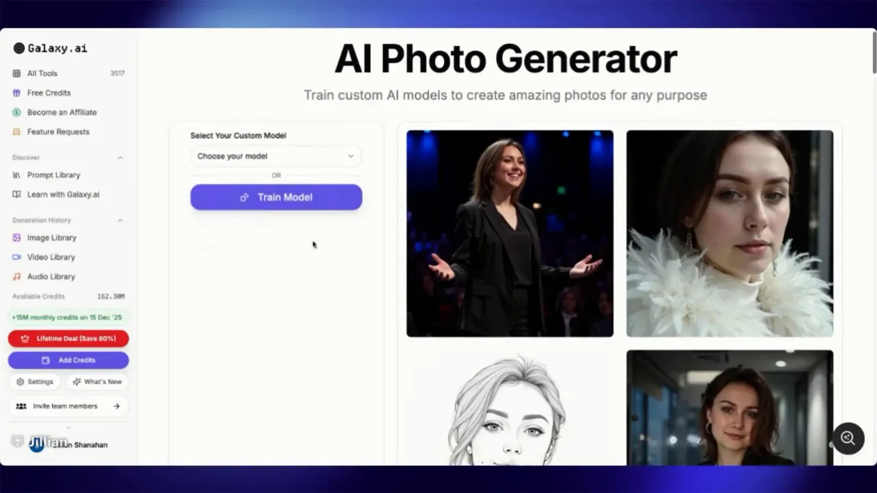 Clear screenshot of Galaxy.ai AI Photo Generator page with Train Model button and gallery