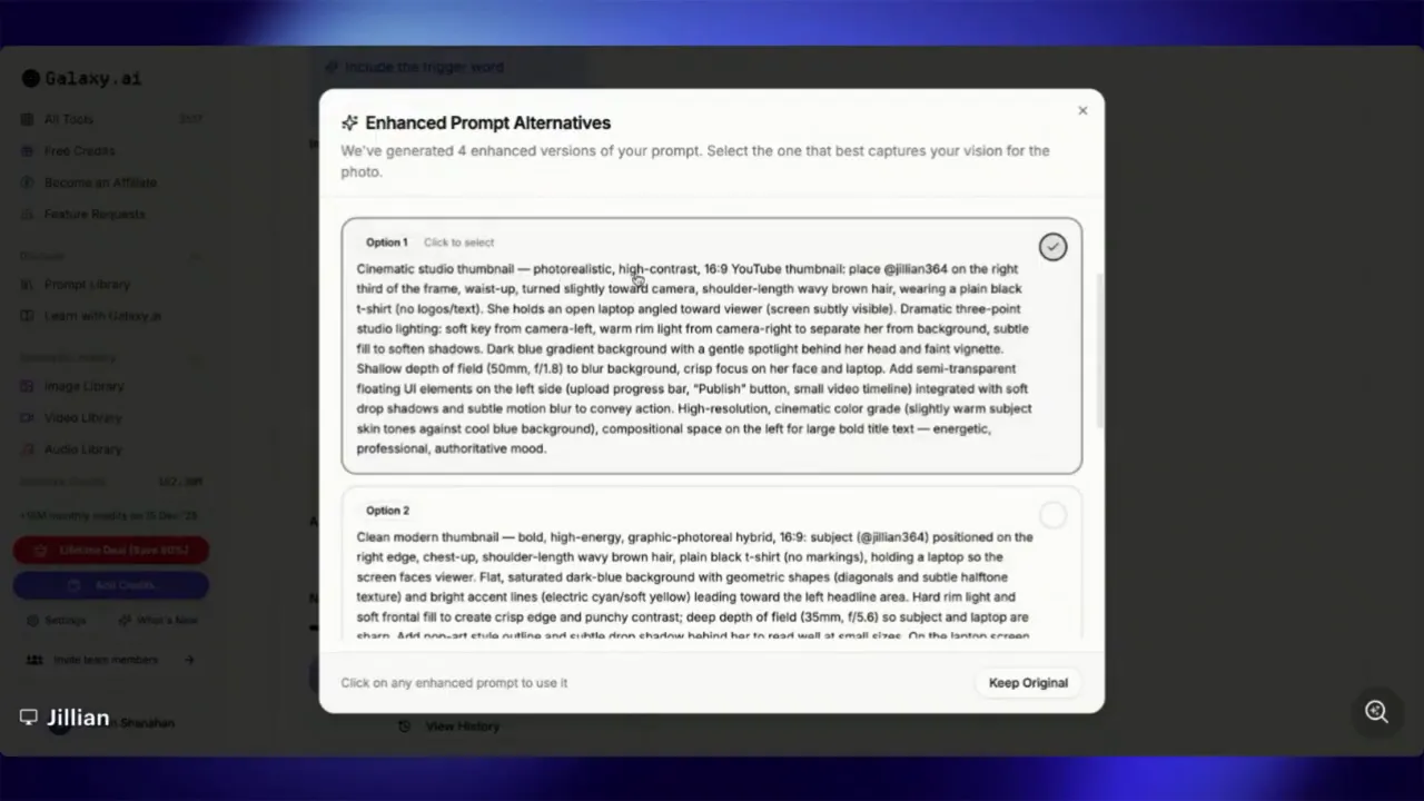 Clear Galaxy AI dialog titled 'Enhanced Prompt Alternatives' showing two prompt option boxes