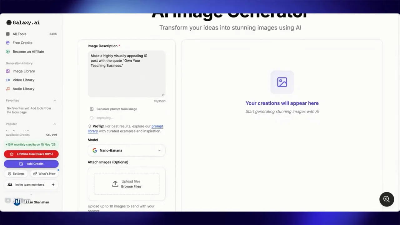 Galaxy AI image generator showing the Image Description prompt 'Make a highly visually appealing IG post with the quote Own Your Teaching Business.'