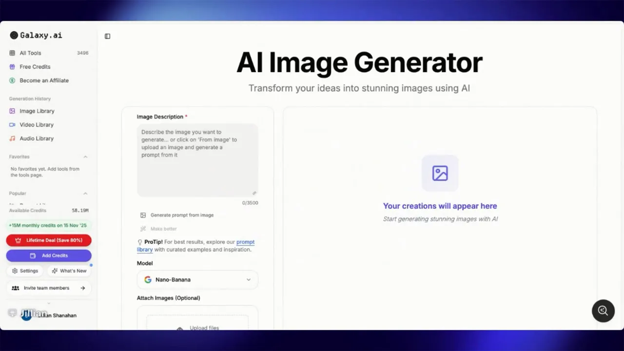Galaxy.ai AI Image Generator interface showing the prompt input area, model selector and a blank creations pane.