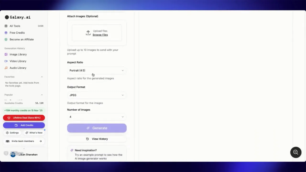 Galaxy AI interface showing aspect ratio dropdown set to Portrait (4:5), output format and Generate button