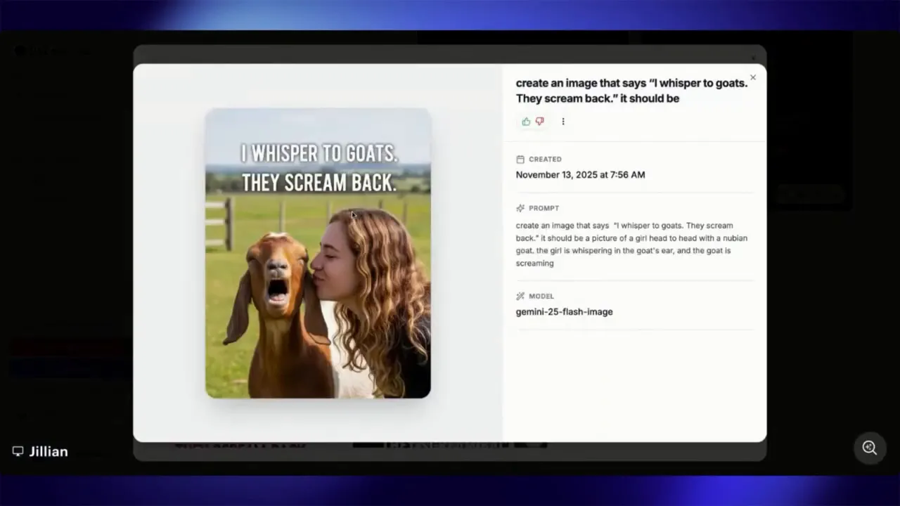 Galaxy.ai preview showing a generated quote image of a girl kissing a goat with the text 'I whisper to goats. They scream back.'