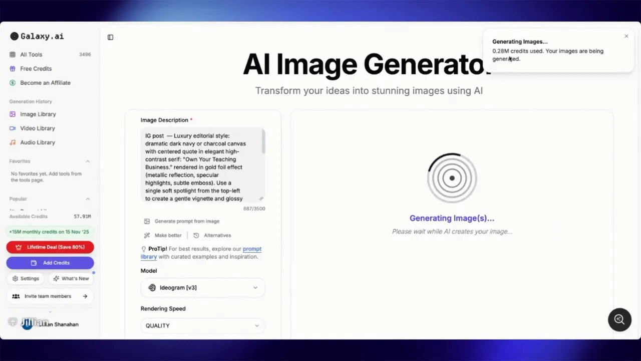 Galaxy.ai image generator screen with Image Description panel and a 'Generating Image(s)...' preview plus a top-right notification reading '0.28M credits used. Your images are being generated.'