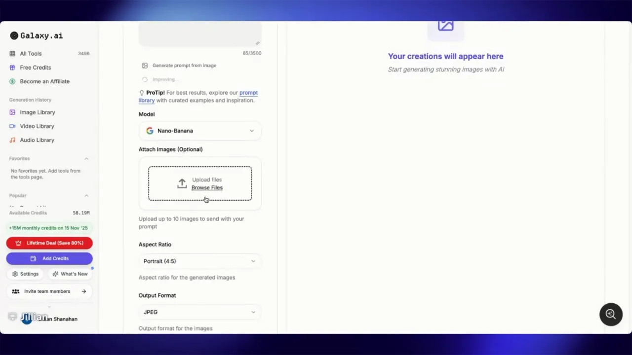 Close-up of Galaxy.ai interface showing the 'Upload files / Browse Files' area under Attach Images (Optional)