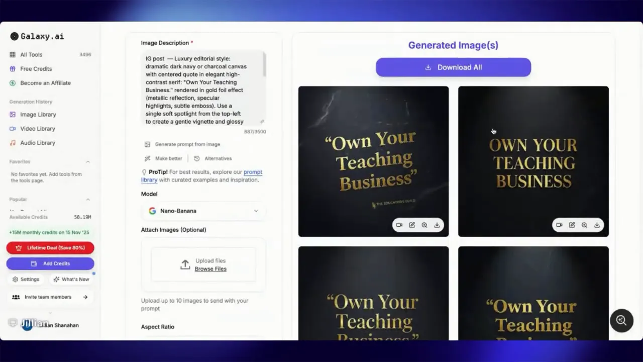 Galaxy.ai interface showing four generated image variations of a quote design ('Own Your Teaching Business') with the prompt panel visible on the left.