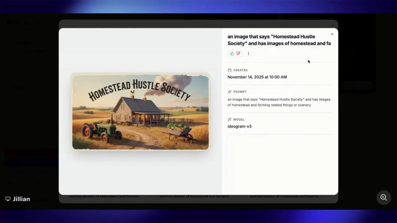 Lightbox preview in Galaxy.ai showing a saved generated image on the left and a metadata panel on the right with the created date, the full prompt text and the model name (ideogram-v3).