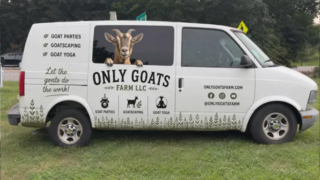 White cargo van shown with an Only Goats Farm logo, goat illustrations, service list, and contact details