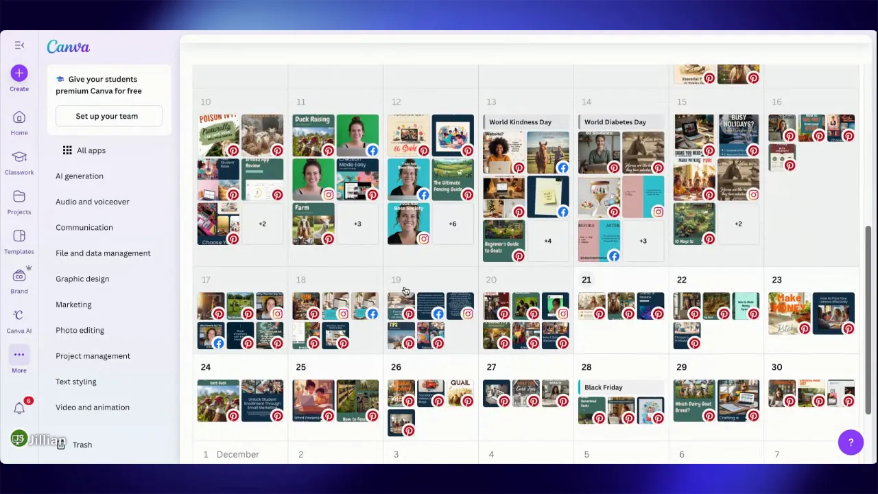 Canva Content Planner month view populated with many scheduled post thumbnails