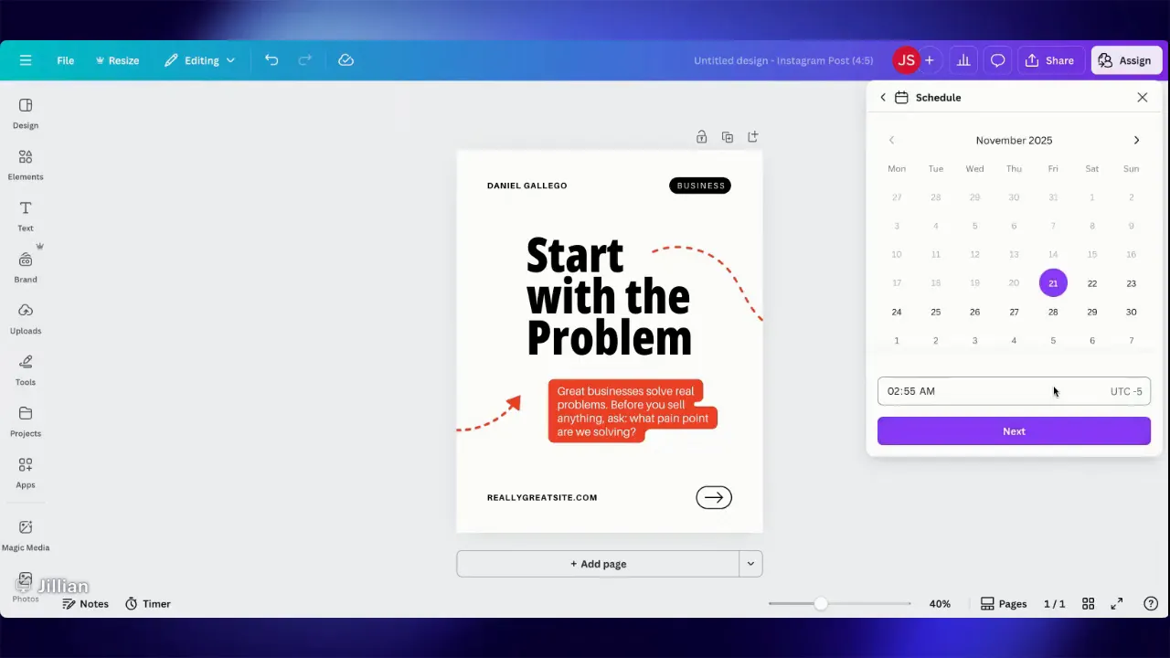 Canva editor with Schedule dialog open showing calendar, time field and Next button