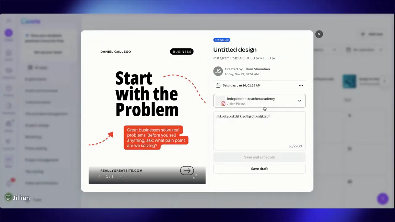Canva scheduling dialog with caption field, account selector and scheduled date