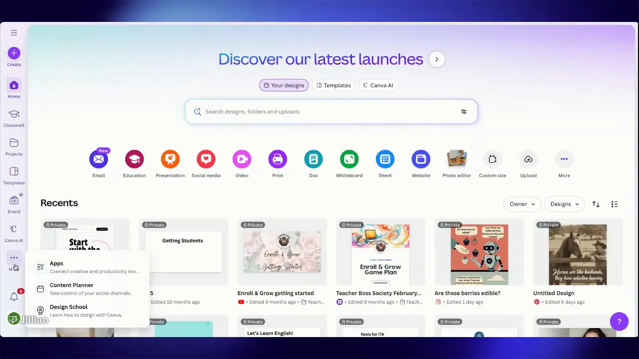 Canva home screen with the More menu open showing the Content Planner option