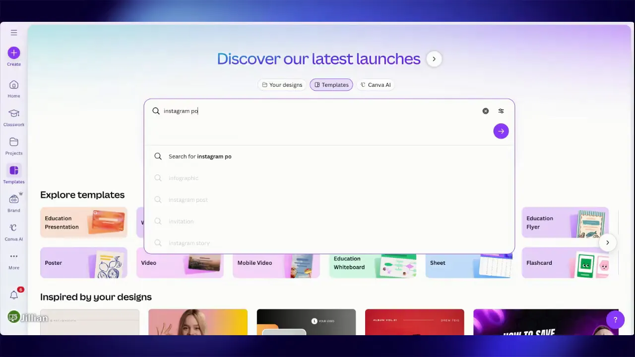 Canva Templates screen with the search box typed 'instagram po' showing search suggestions