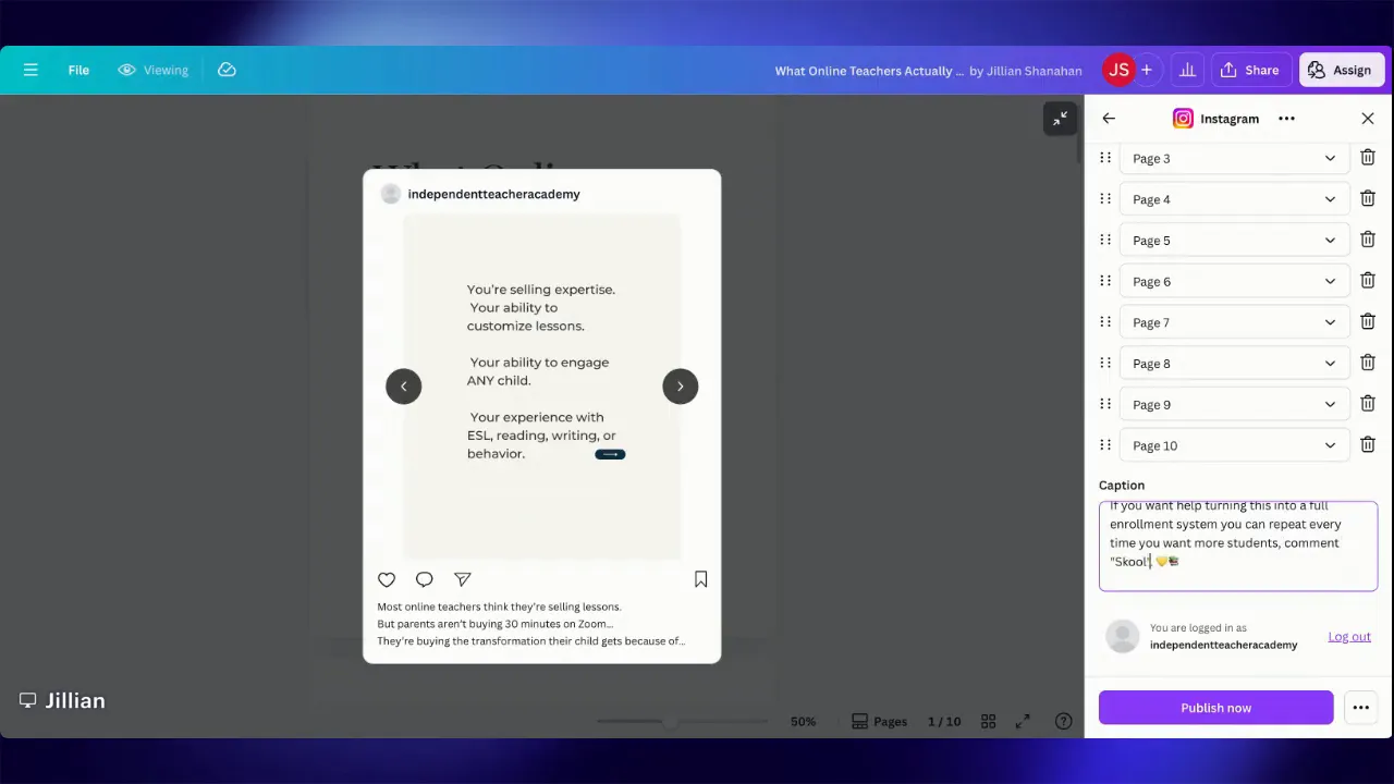 Canva Instagram publish sidebar showing the caption box being edited with a CTA asking viewers to comment 'Skool' and the Publish now button below.
