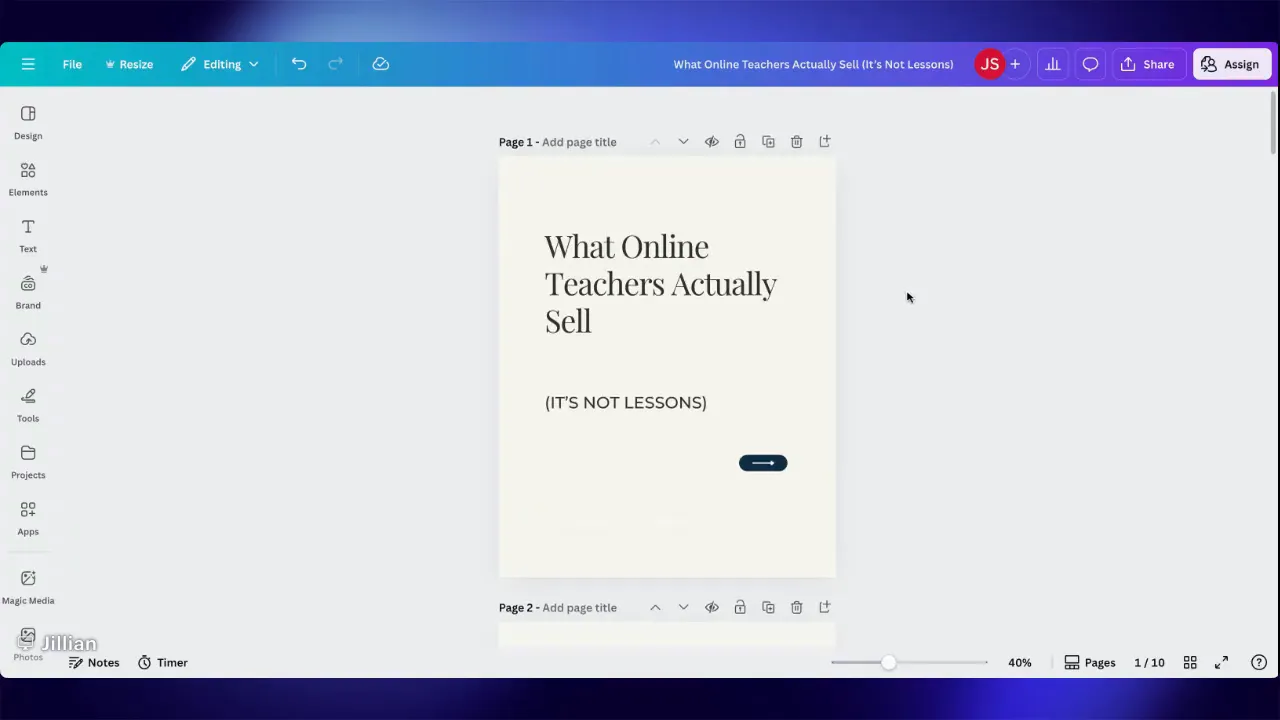 Canva editor showing the cover slide 'What Online Teachers Actually Sell' in the center with left toolbar and top menu visible.