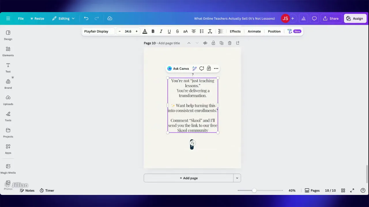 Clear Canva editor screenshot showing a carousel slide with the CTA text box selected and full CTA wording visible.