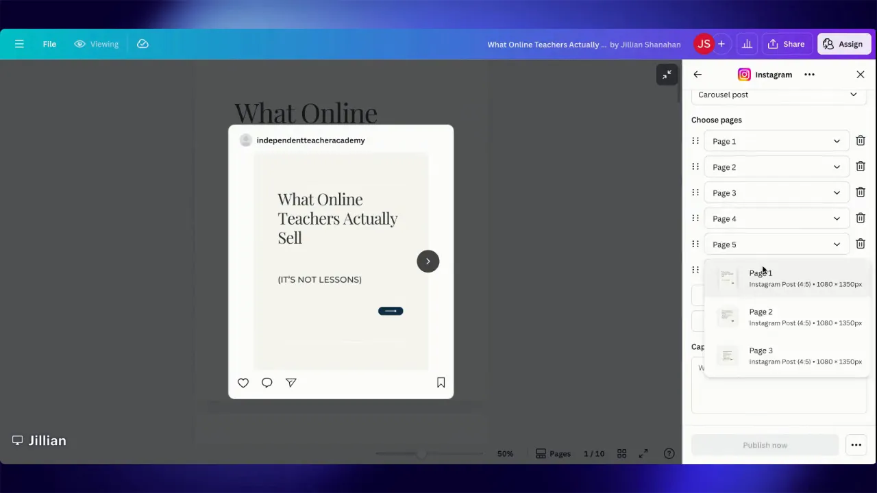 Canva Instagram share panel set to Carousel post with Page 1 through Page 5 listed and a thumbnail popup, ready to choose pages for the carousel.