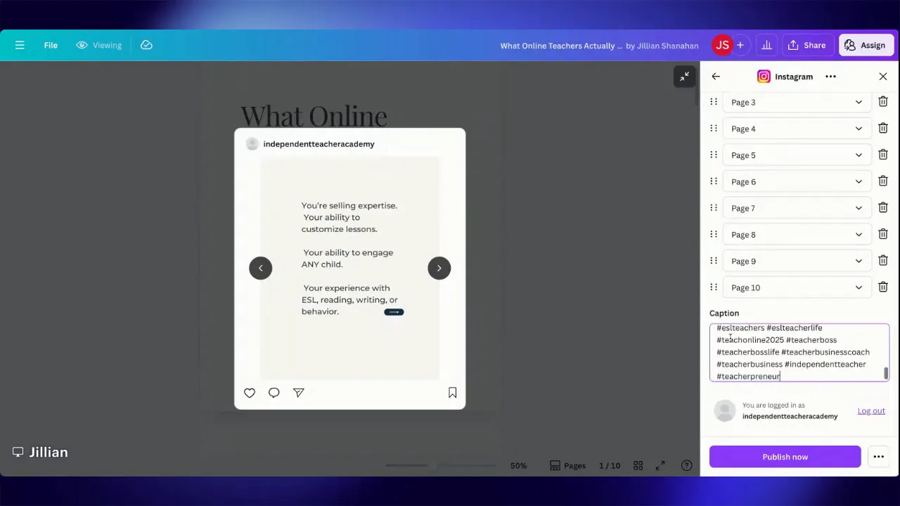 Canva Instagram publish panel with caption field filled with hashtags and Publish now button visible