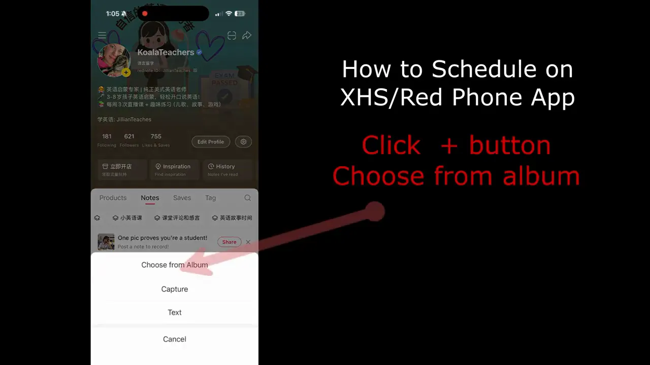 Xiaohongshu screen showing post menu with 'Choose from Album' option and arrow pointing to it