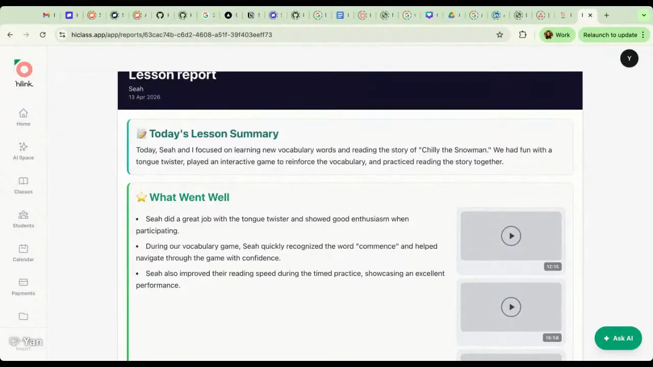 HiClass parent lesson report with today’s summary, “What Went Well,” and multiple embedded video snippet cards