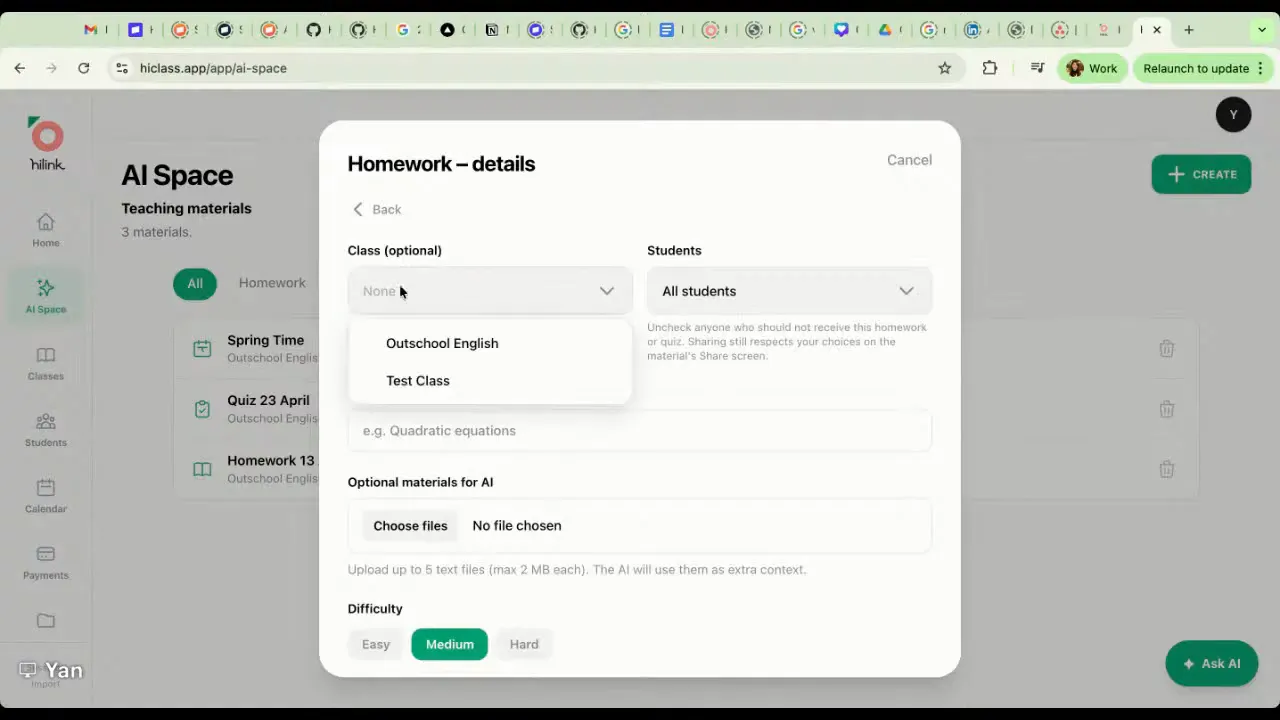 HiClass AI Space homework details page showing class and student selection