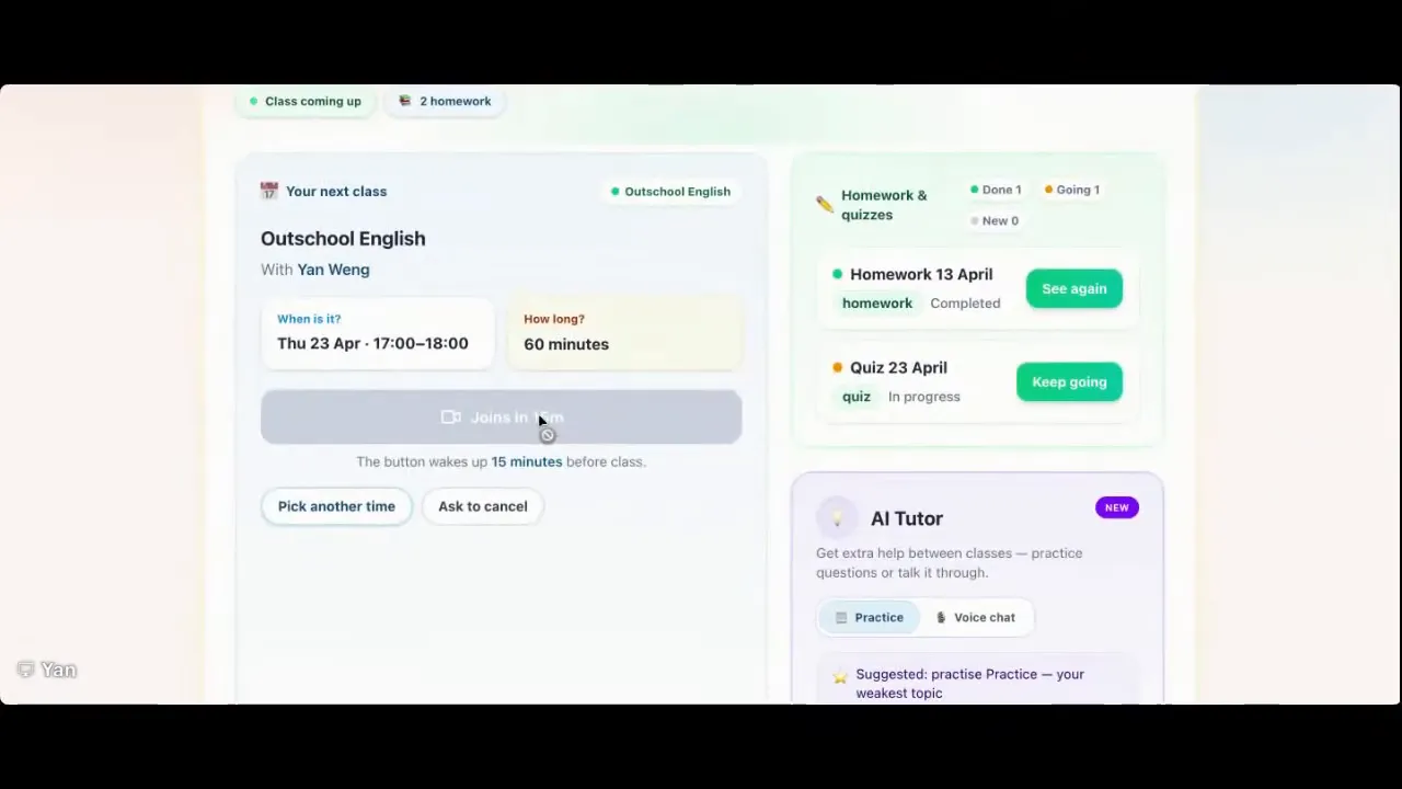 HiClass student dashboard showing next class and homework/quiz status