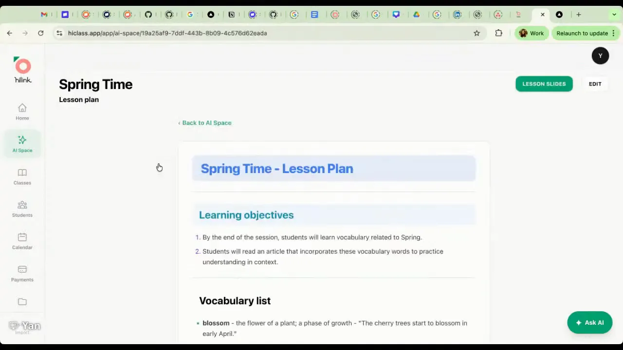 HiClass AI Space lesson plan screen showing learning objectives and vocabulary list for “Spring Time.”
