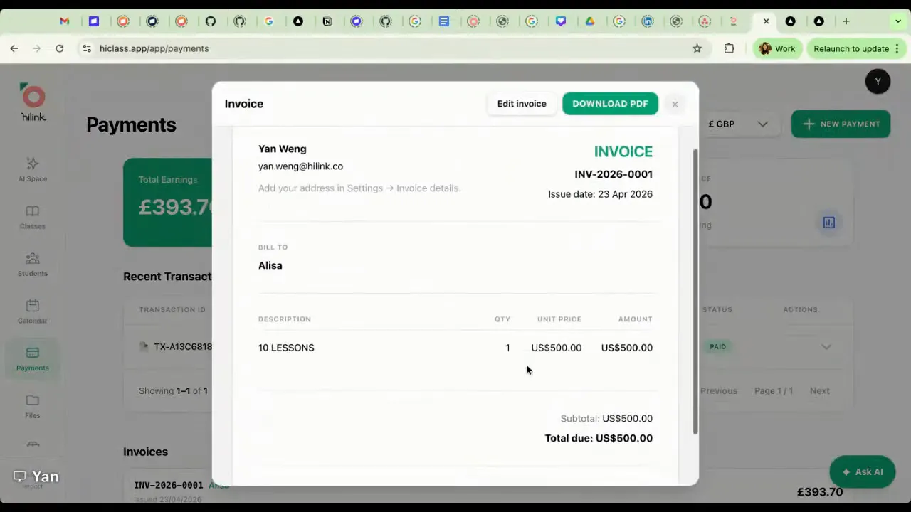 HiClass invoice preview window with actions to download PDF and edit invoice details