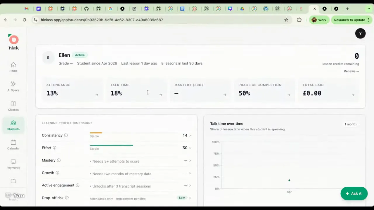 Screenshot of HiClass student analytics with talk time over time chart and learning profile dimensions
