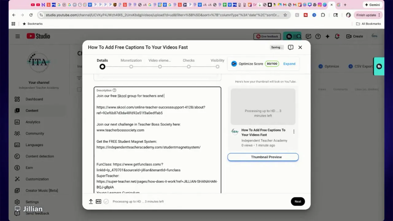 YouTube Studio upload details modal showing the description box with a visible call-to-action line and several links.