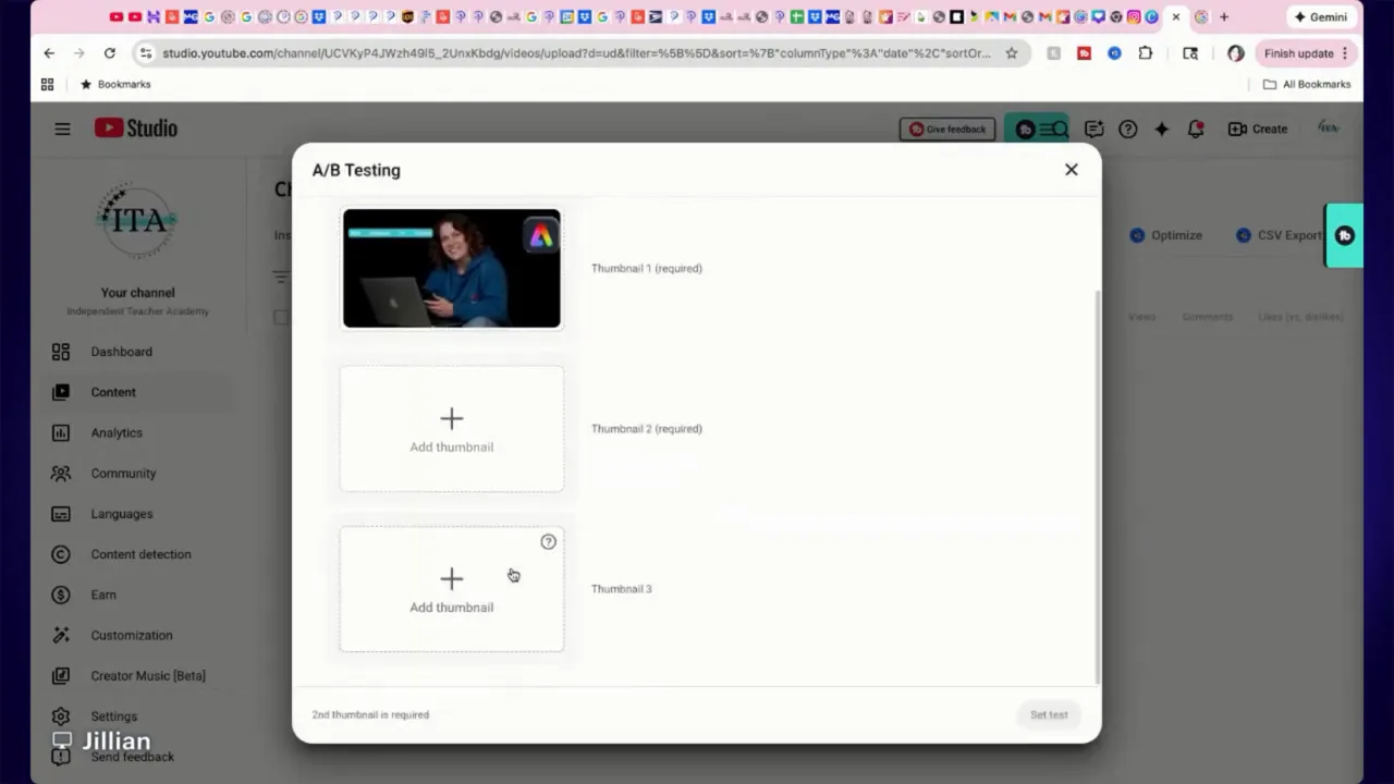 YouTube Studio A/B Testing modal showing three thumbnail slots to add and compare different thumbnail designs