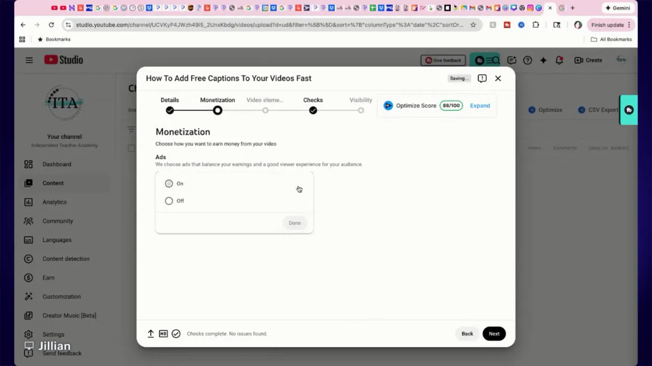 YouTube Studio upload Monetization screen showing Ads On/Off option in the upload flow