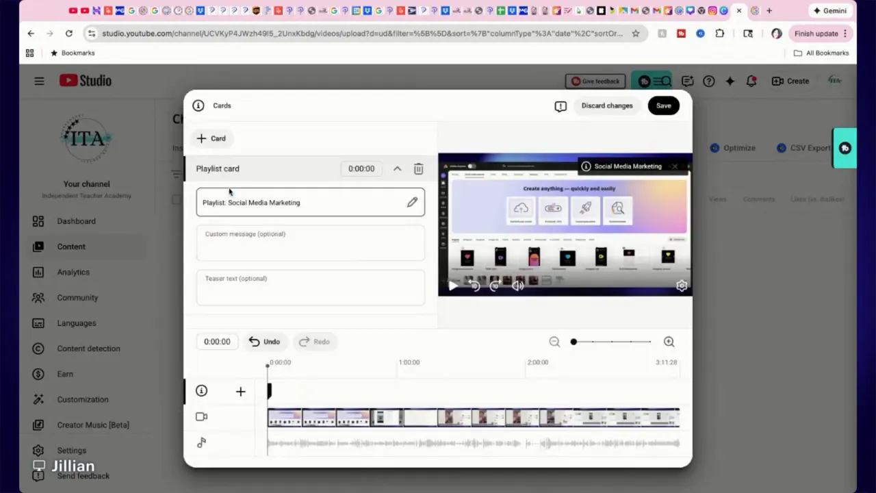 YouTube Studio playlist card editor showing the selected playlist, optional custom message and teaser fields, plus the timeline for placing the card