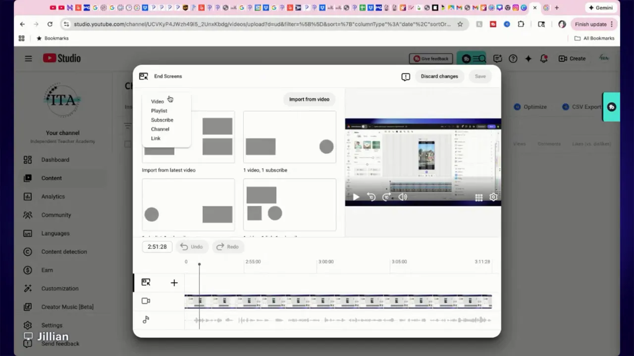 YouTube Studio End Screens editor showing the element menu (Video, Playlist, Subscribe, Channel, Link) and template previews