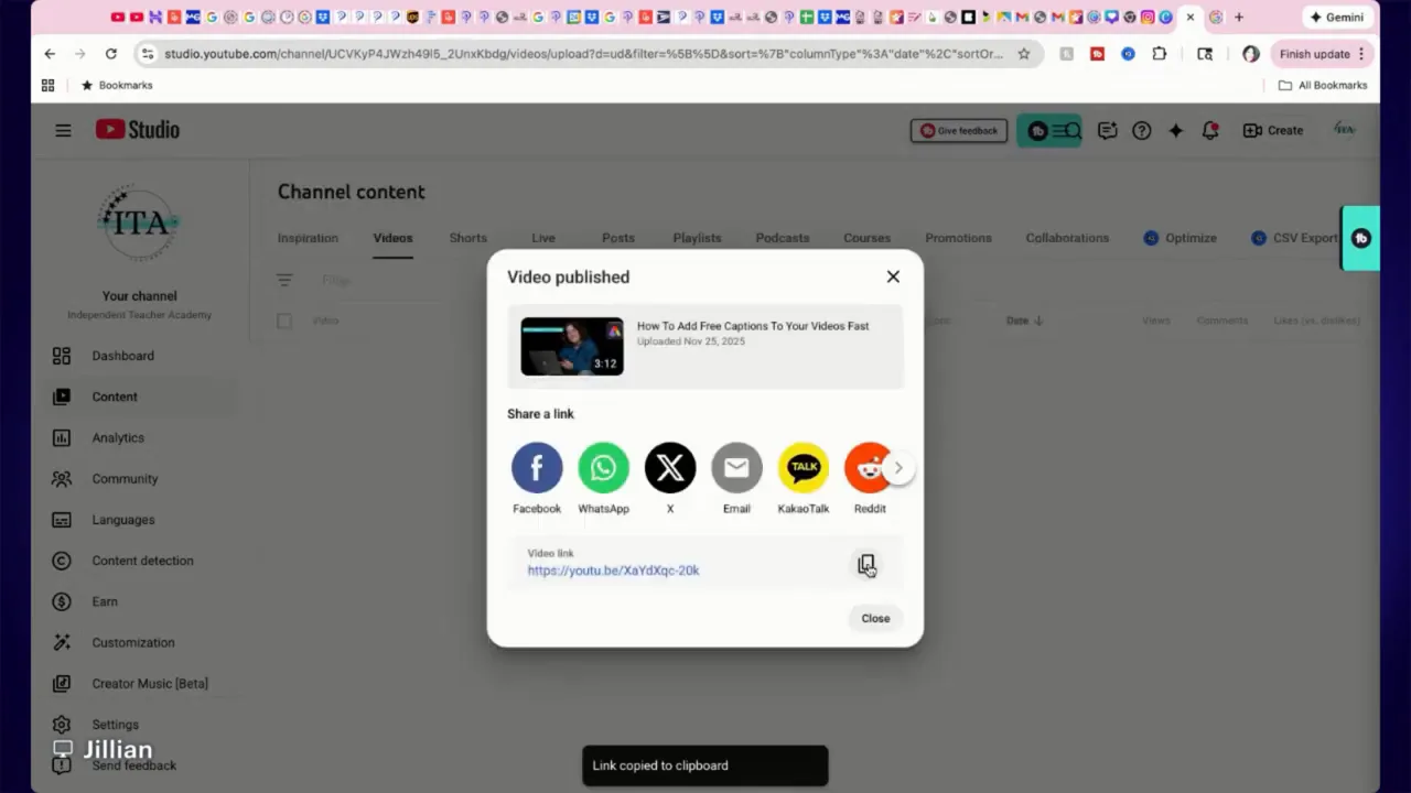 YouTube Studio 'Video published' dialog showing video thumbnail, social share icons, the video link and a 'Link copied to clipboard' notification