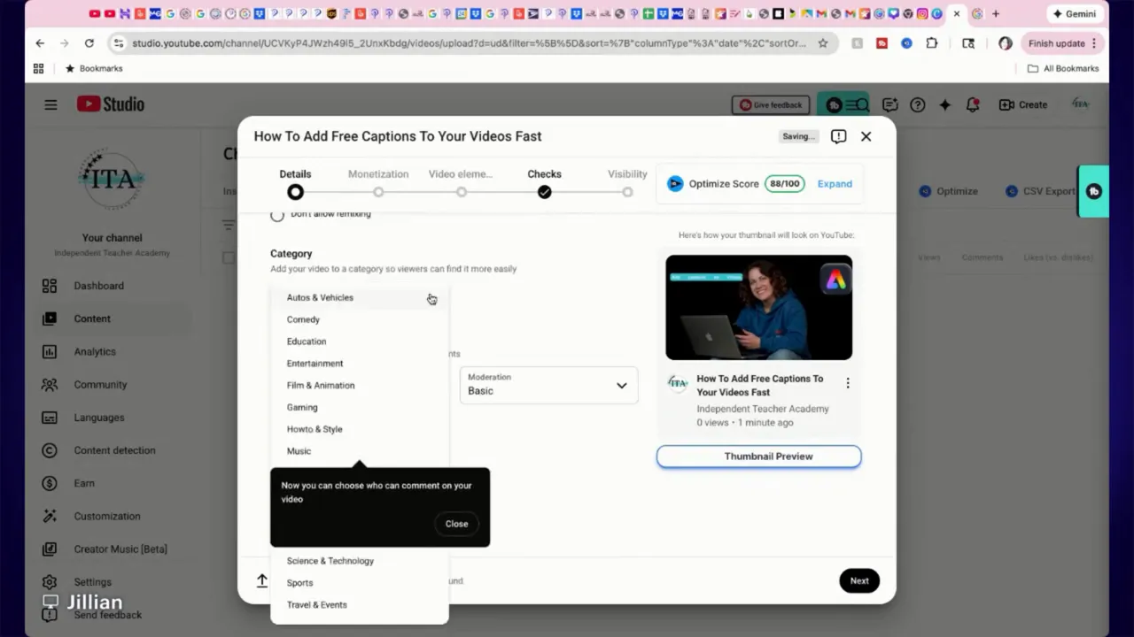 YouTube Studio upload details showing category dropdown and thumbnail preview