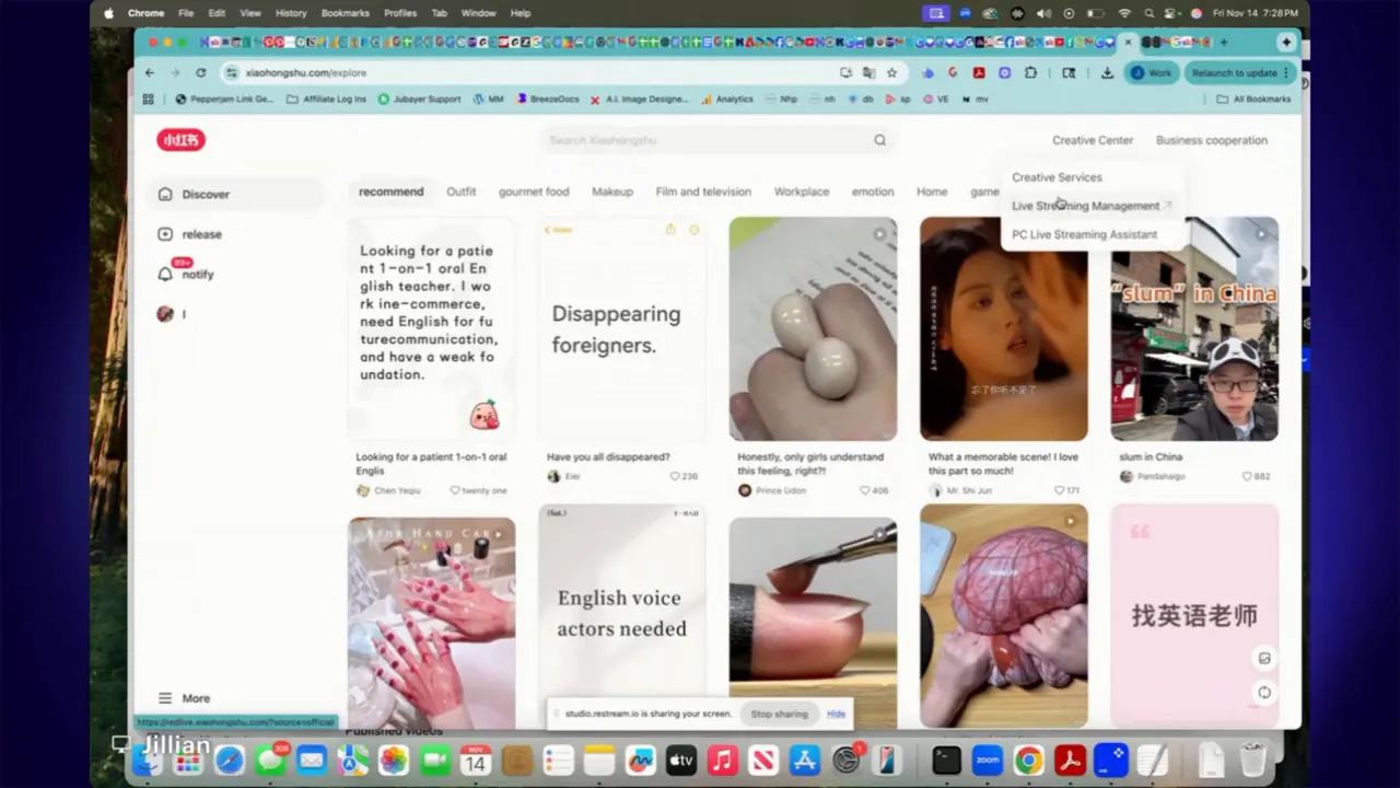 Desktop view of Xiaohongshu with the Creative Center dropdown highlighting Creative Services