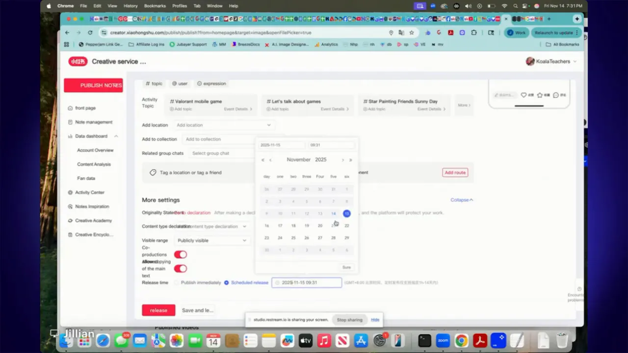 Xiaohongshu scheduled release calendar popup on the publish form showing date and time inputs